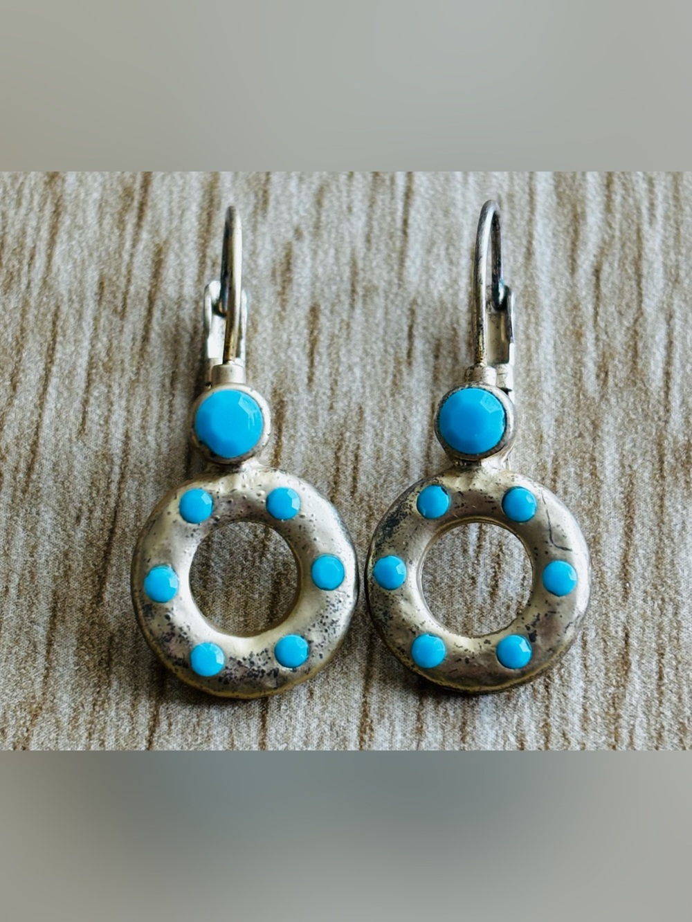 Hammered Gold w:Turquoise Dot Circle Drop Earrings